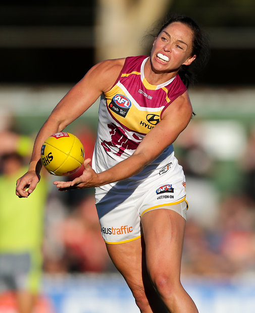 brisbane lions women's team player wearing austraffic sponsored shorts